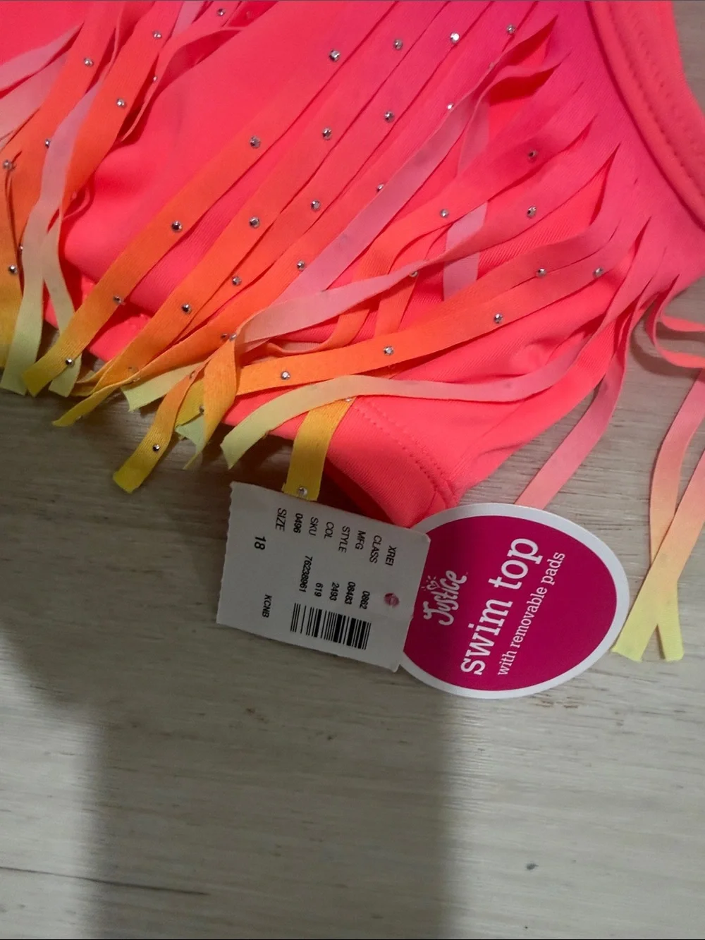 NWT - Justice Girls Neon Pink Fringe Swim Top